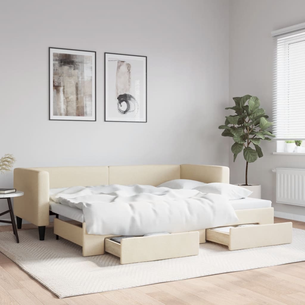 daybed med udtræk og skuffer 80x200 cm stof cremefarvet