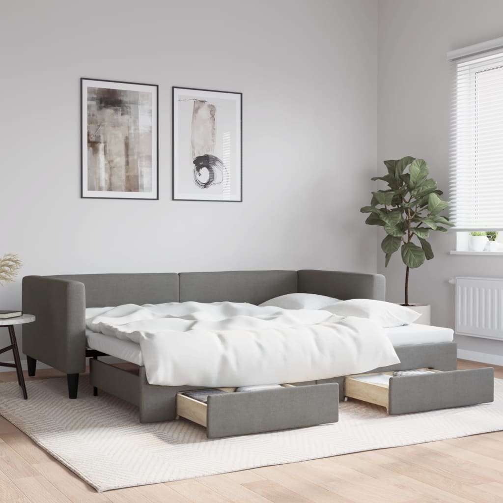 daybed med udtræk og skuffer 90x200 cm stof mørkegrå