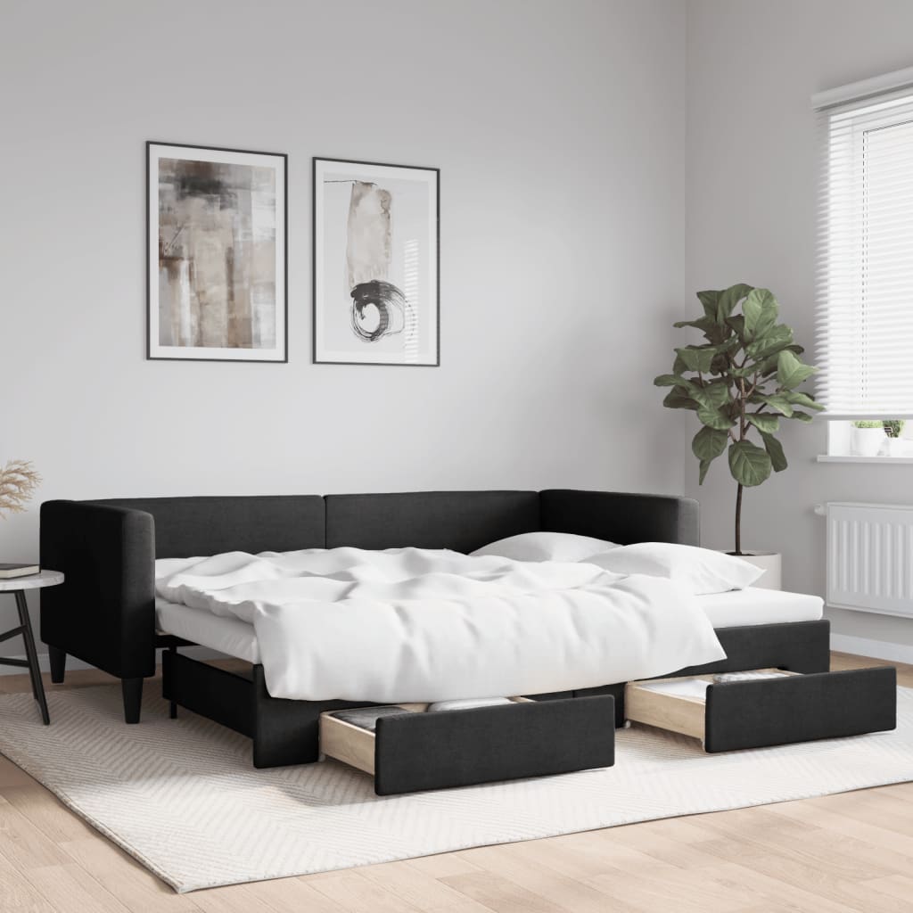 daybed med udtræk og skuffer 90x200 cm stof sort billede