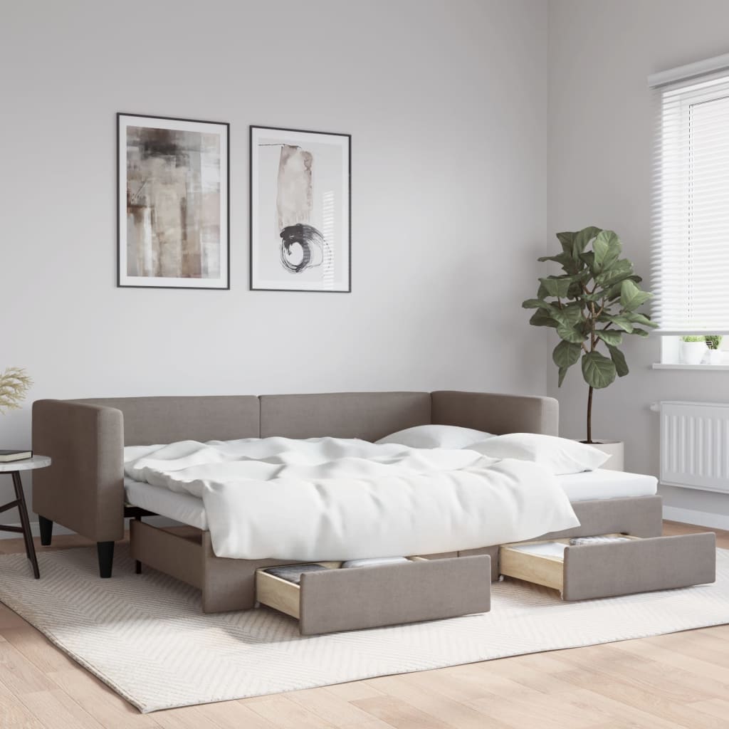 daybed med udtræk og skuffer 90x200 cm stof gråbrun