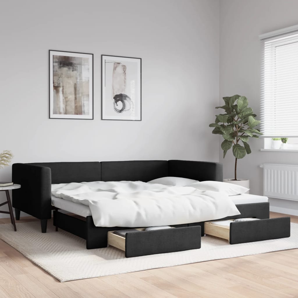 Daybed med udtræk og skuffer 100x200 cm - stof, sort