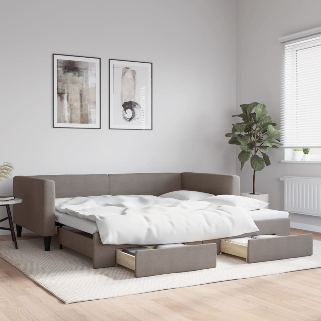 daybed med udtræk og skuffer 100x200 cm stof gråbrun