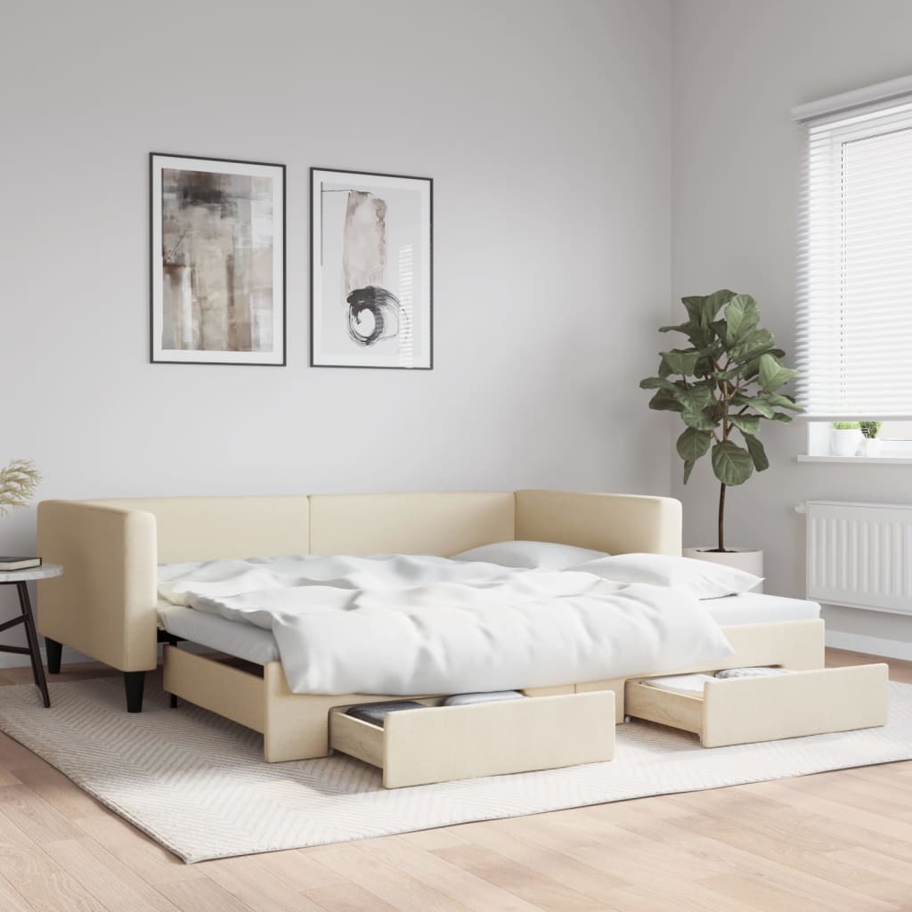 daybed med udtræk og skuffer 100x200 cm stof cremefarvet billede