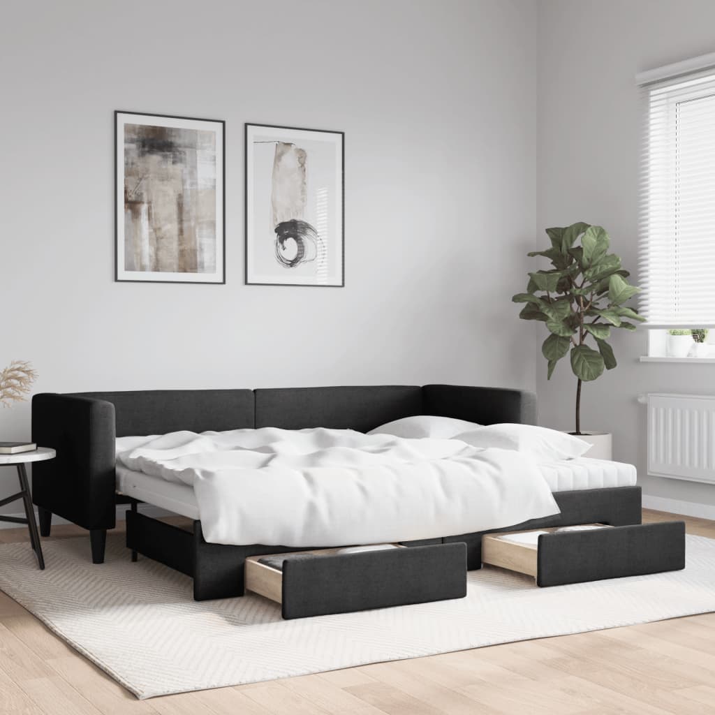 daybed med udtræk og skuffer 80x200 cm stof sort billede
