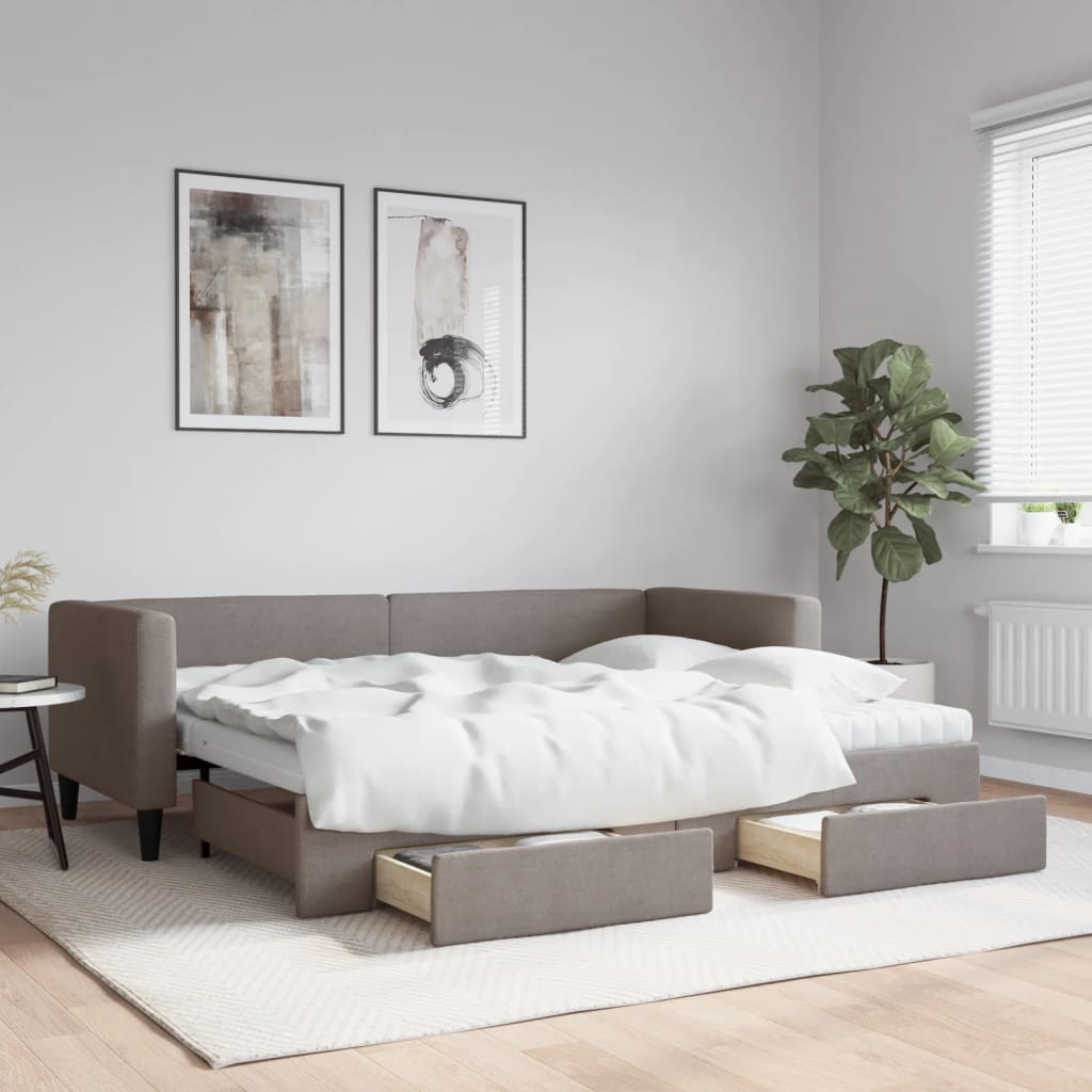 daybed med udtræk og skuffer 80x200 cm stof gråbrun