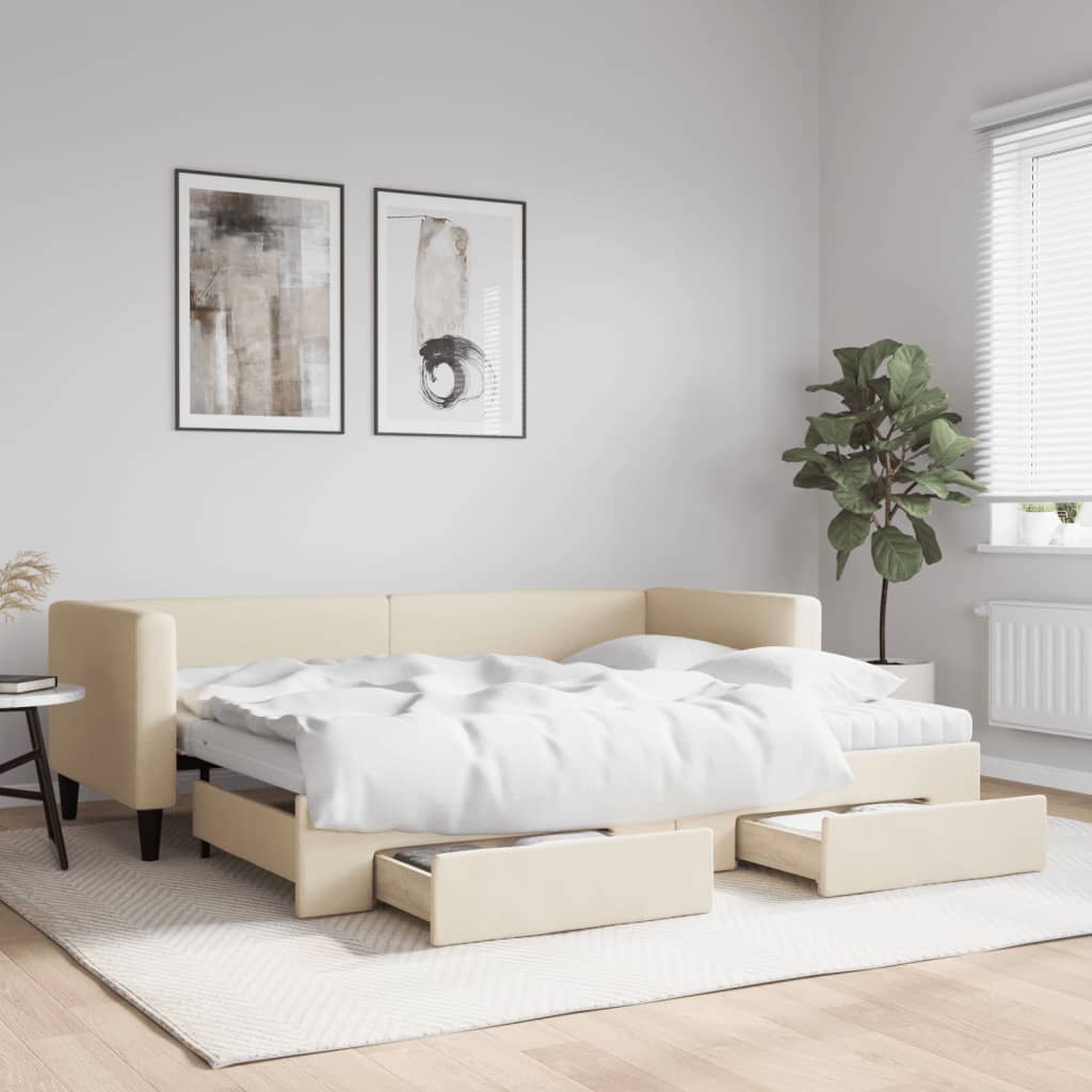daybed med udtræk og skuffer 80x200 cm stof cremefarvet