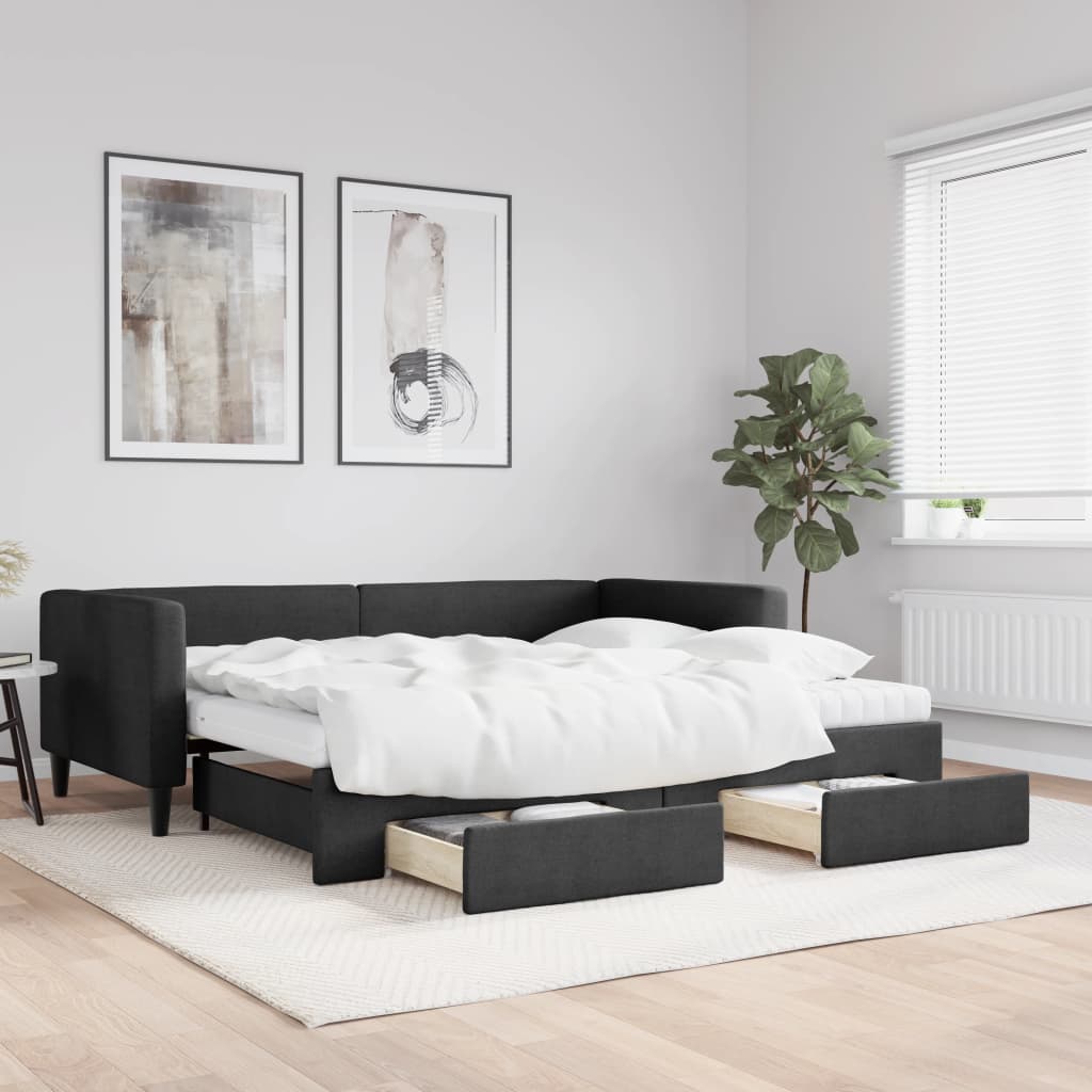 daybed med udtræk og skuffer 80x200 cm stof sort billede