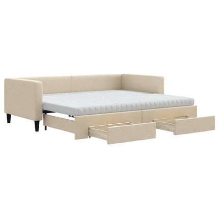 daybed med udtræk og skuffer 90x200 cm stof cremefarvet