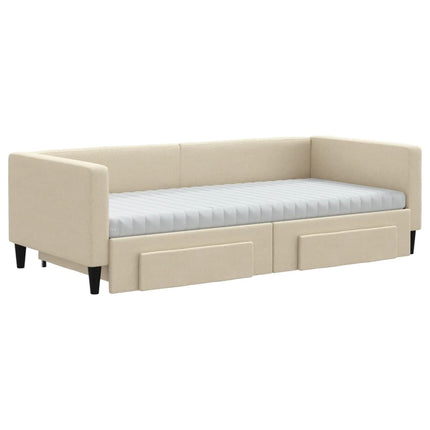 daybed med udtræk og skuffer 90x200 cm stof cremefarvet