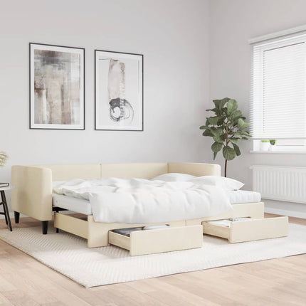 daybed med udtræk og skuffer 90x200 cm stof cremefarvet