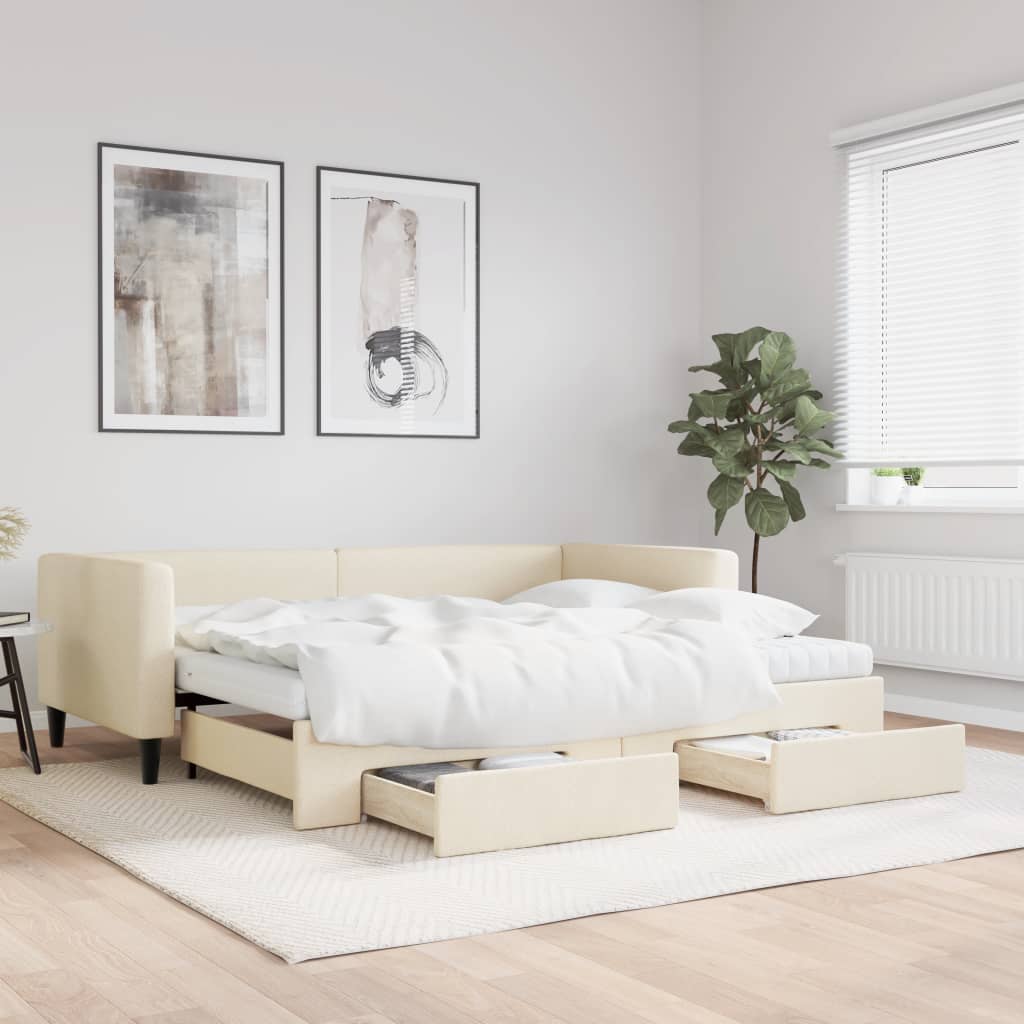 daybed med udtræk og skuffer 90x200 cm stof cremefarvet