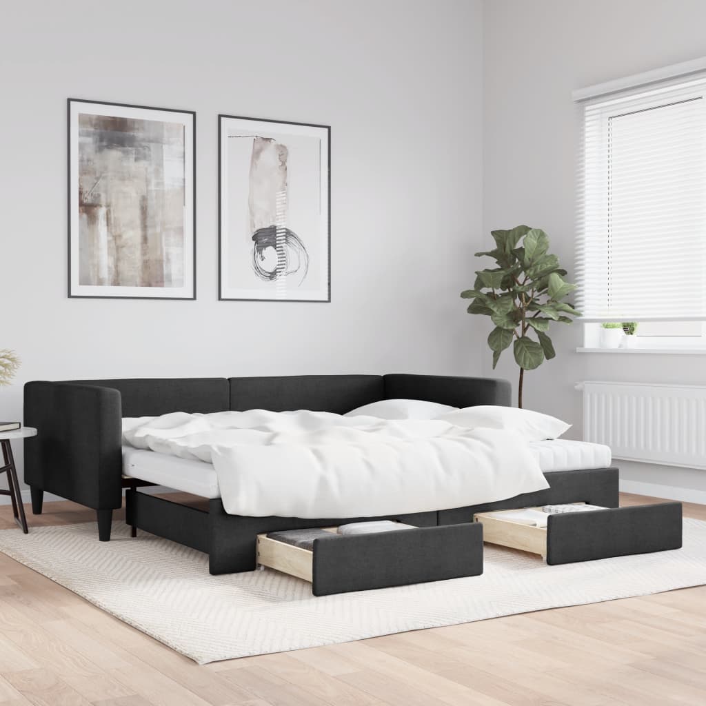 daybed med udtræk og skuffer 100x200 cm stof sort