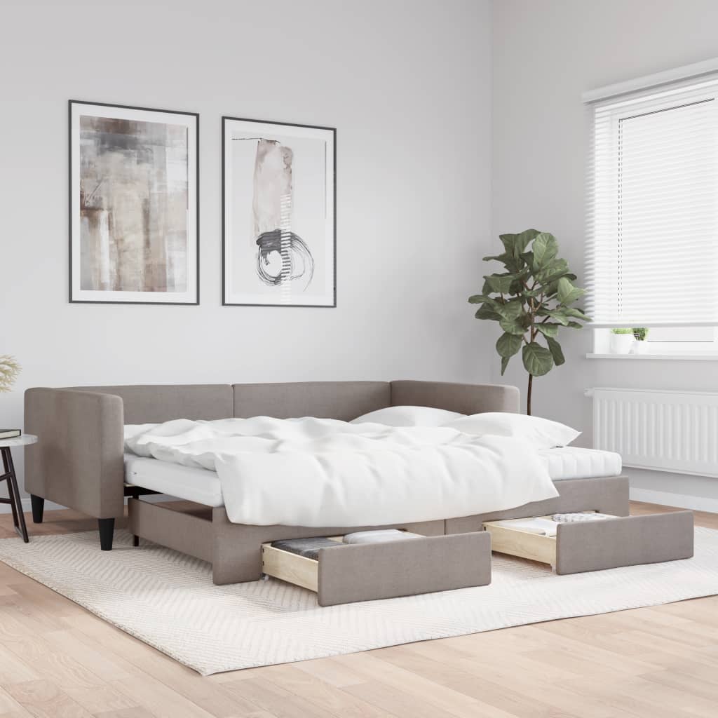 daybed med udtræk og skuffer 100x200 cm stof gråbrun