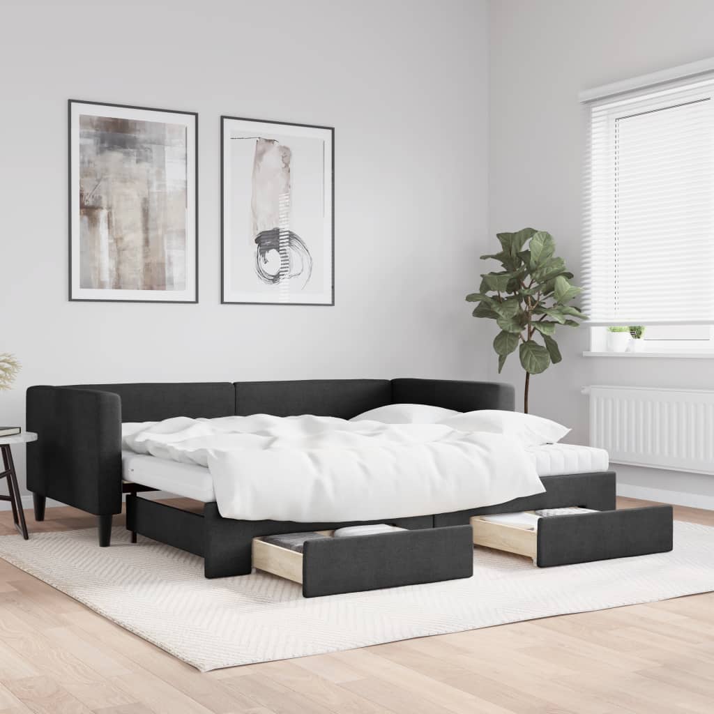daybed med udtræk og skuffer 90x190 cm stof sort billede