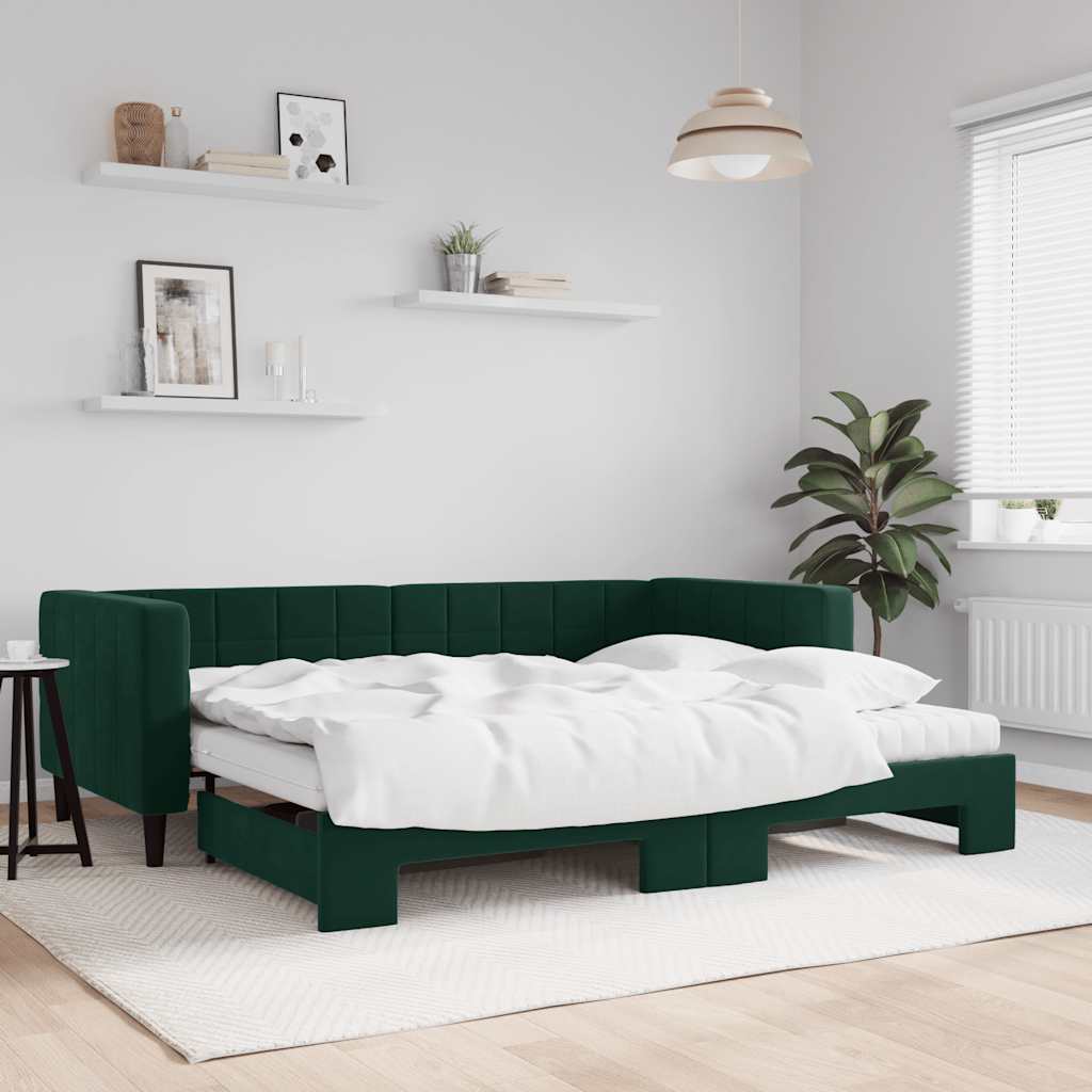 daybed med udtræk og madras 90x200 cm velour mørkegrøn