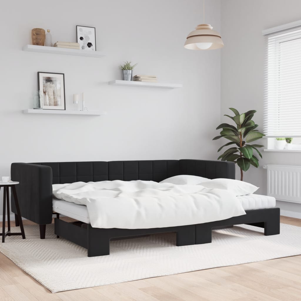 daybed med udtræk og madras 90x200 cm velour sort