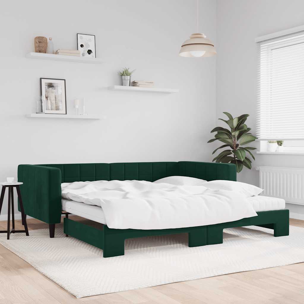 daybed med udtræk og madras 100x200 cm velour mørkegrøn