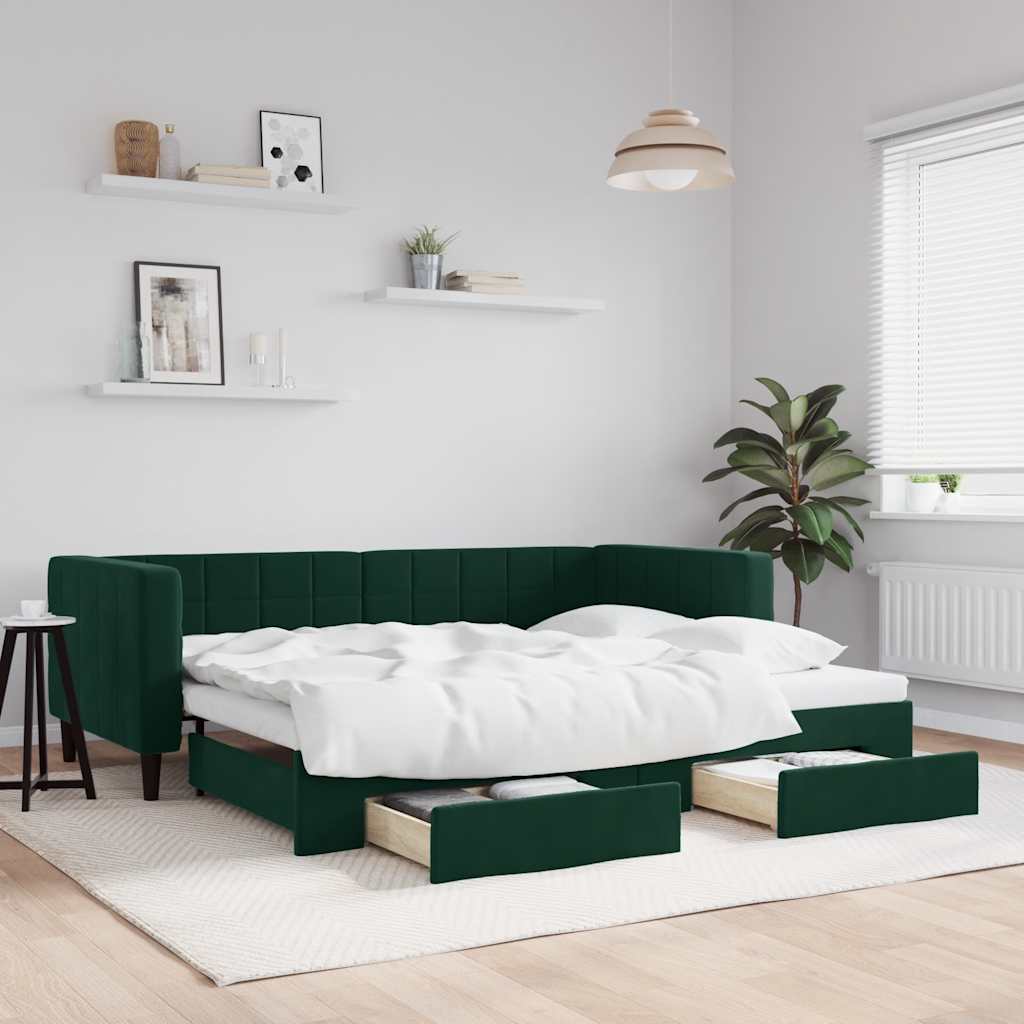 daybed med udtræk og skuffer 80x200 cm velour mørkegrøn
