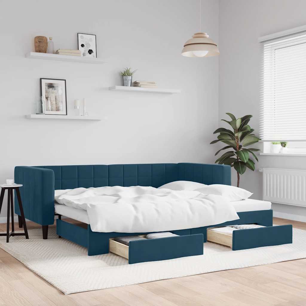 daybed med udtræk og skuffer 90x200 cm velour blå billede