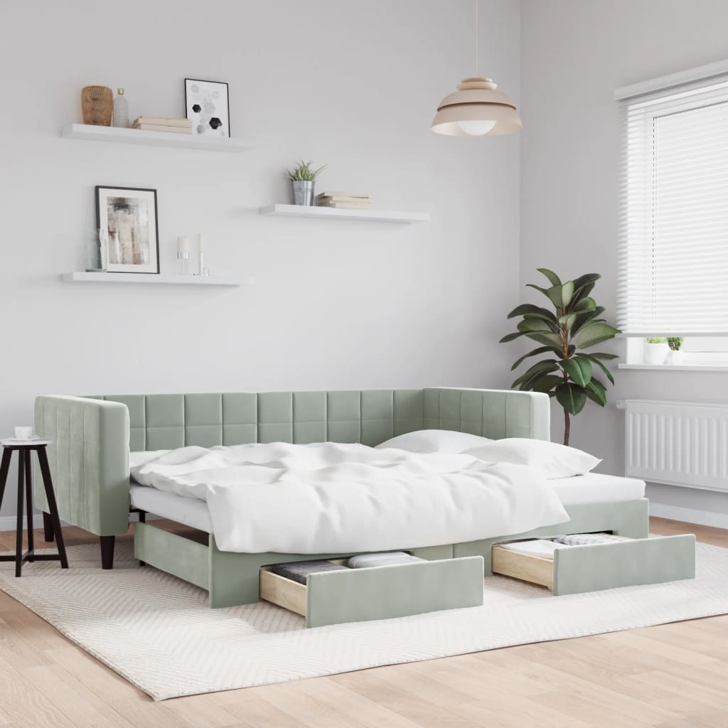 daybed med udtræk og skuffer 90x200 cm velour lysegrå billede