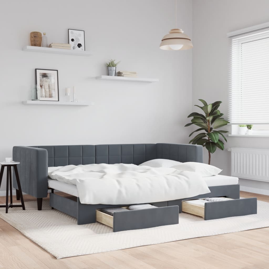 daybed med udtræk og skuffer 90x200 cm velour mørkegrå