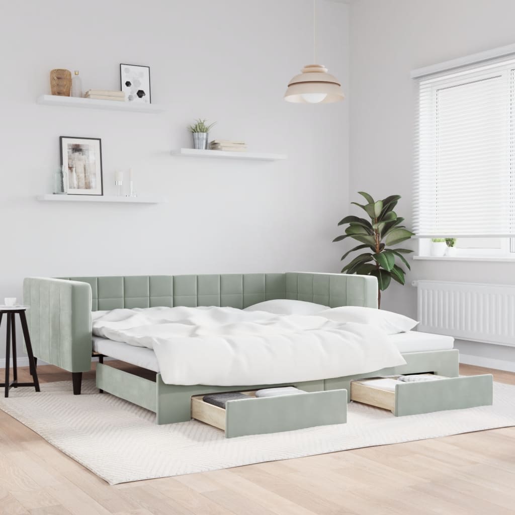 Daybed Velour Lysegrå - med udtræk og skuffe / 100 x 200 cm