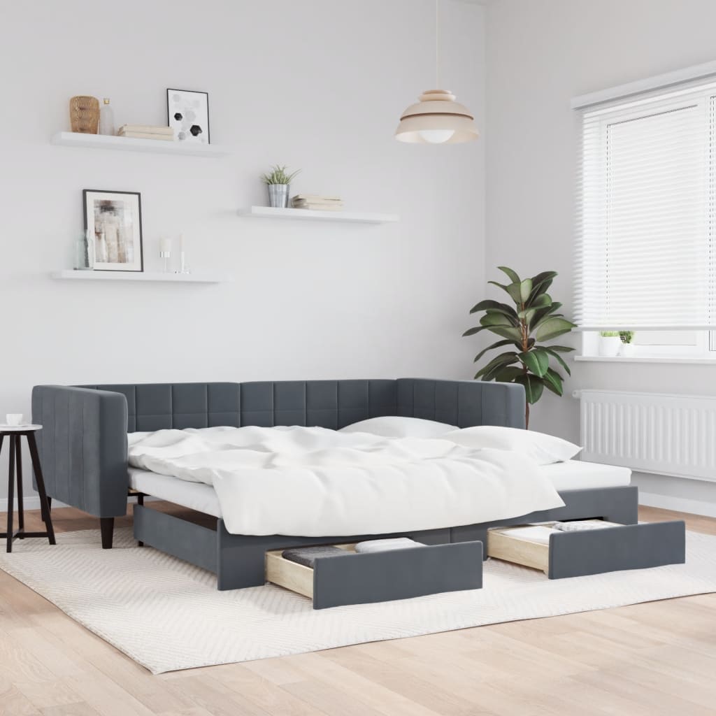 daybed med udtræk og skuffer 100x200 cm velour mørkegrå