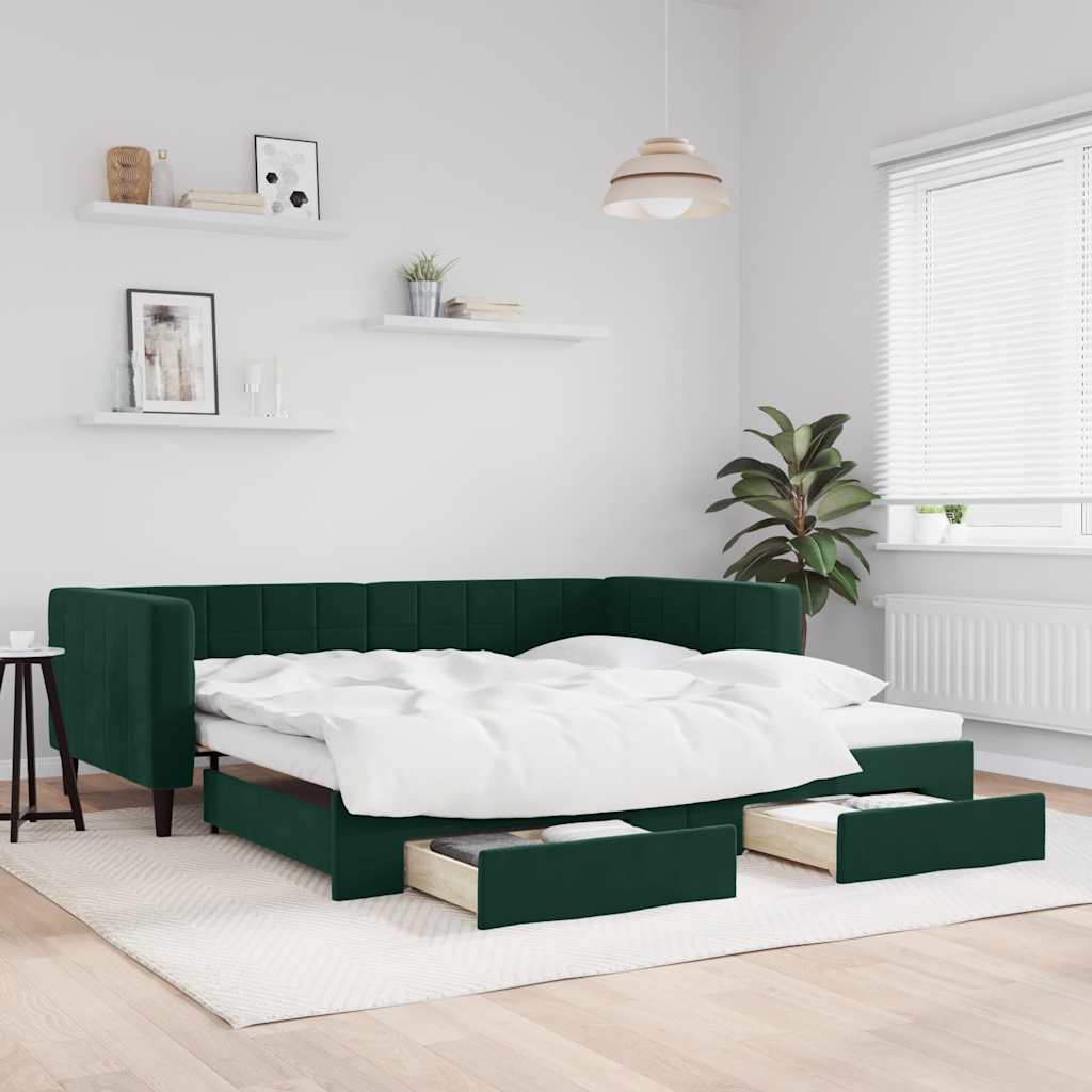 daybed med udtræk og skuffer 100x200 cm velour mørkegrøn