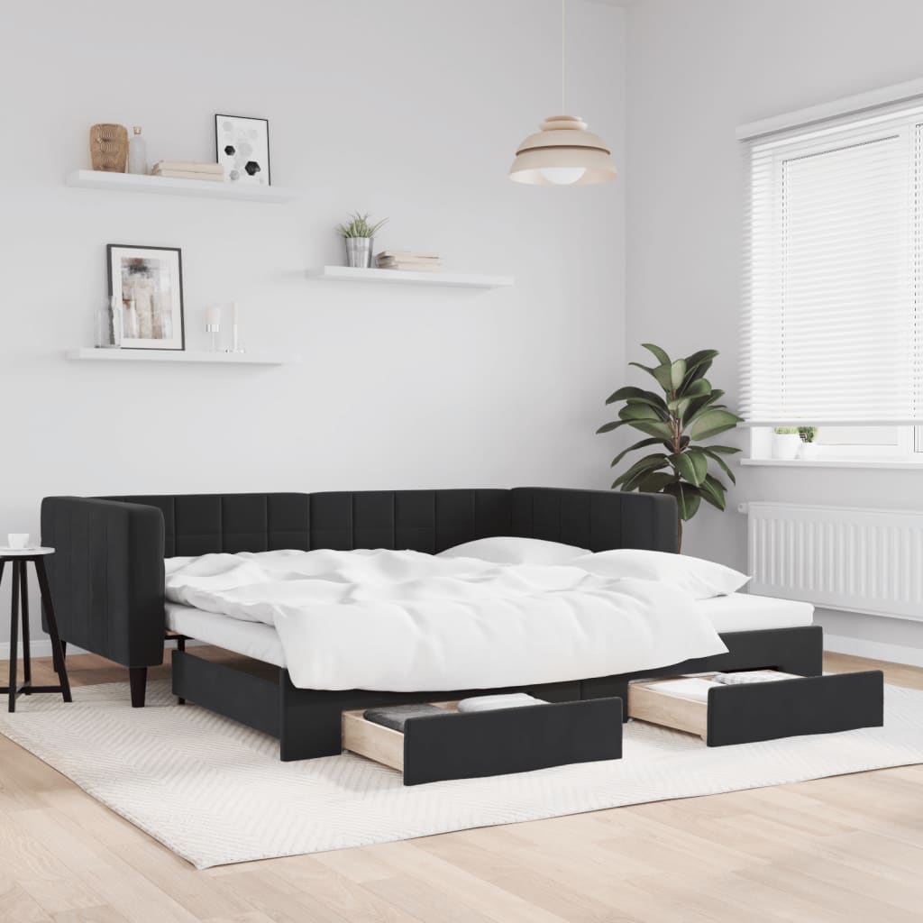 daybed med udtræk og skuffer 90x190 cm velour sort billede