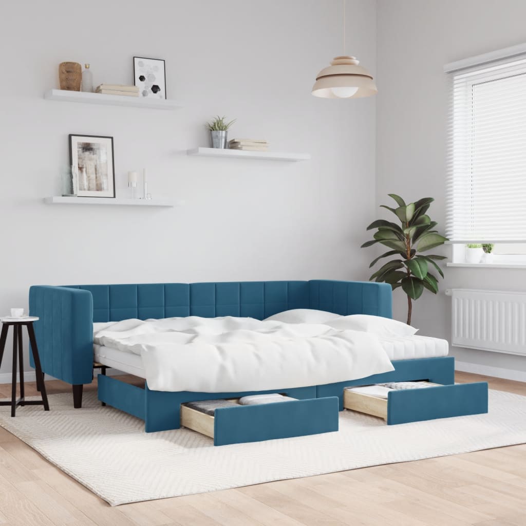 daybed med udtræk og skuffer 80x200 cm stof blå