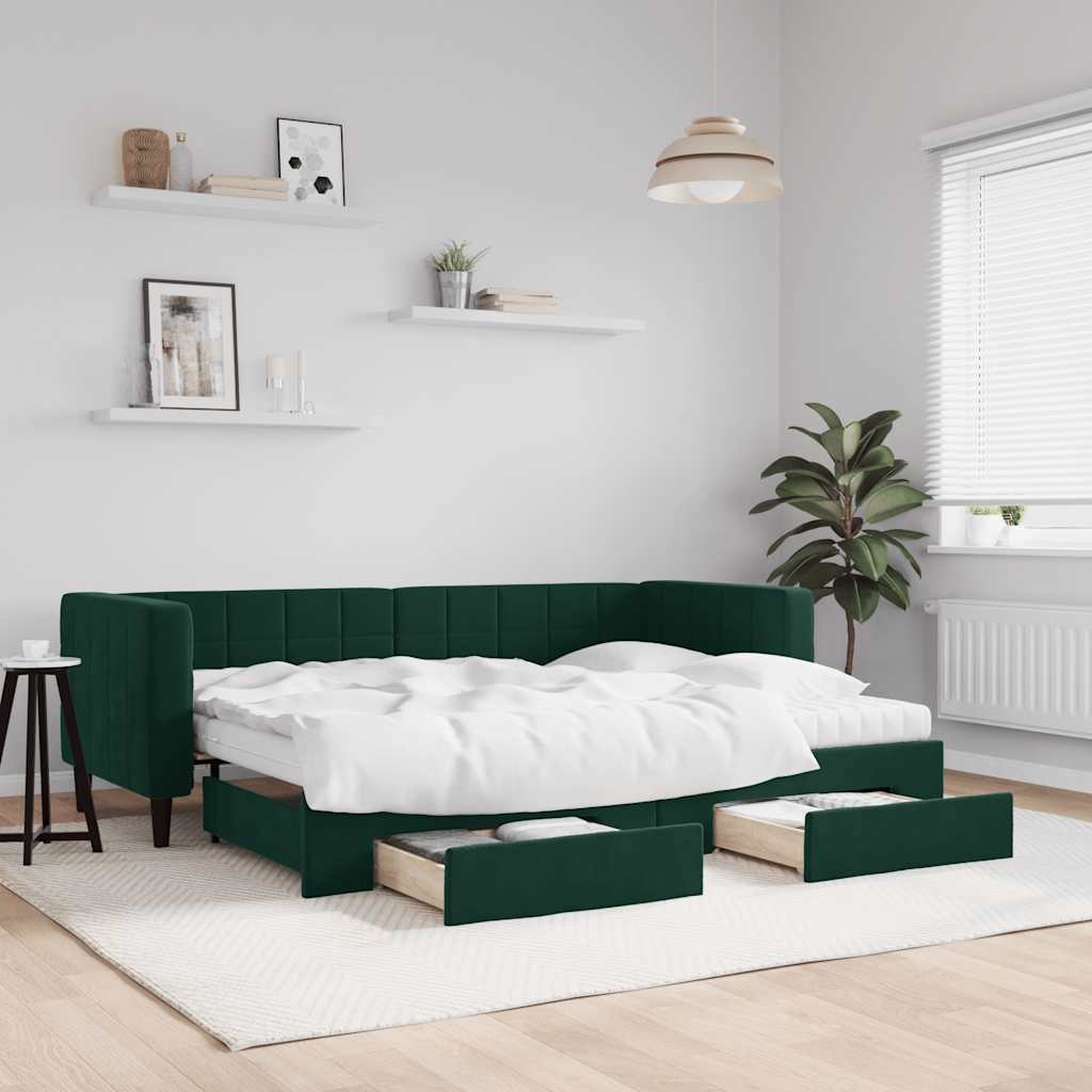 daybed med udtræk og skuffer 80x200 cm velour mørkegrøn