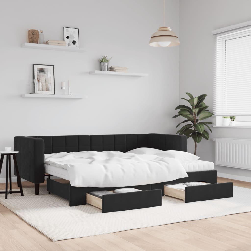 daybed med udtræk og skuffer 80x200 cm velour sort