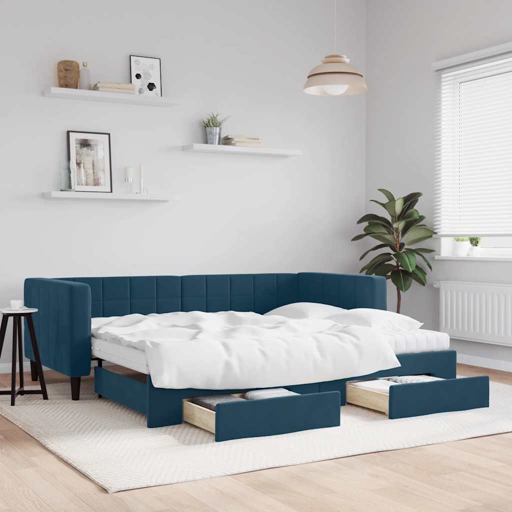 daybed med udtræk og skuffer 90x200 cm velour blå billede