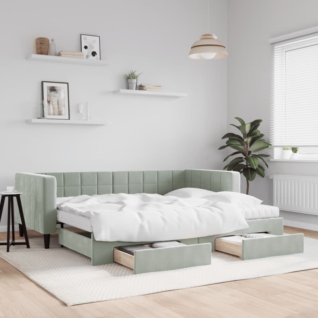 daybed med udtræk og skuffer 90x200 cm velour lysegrå billede