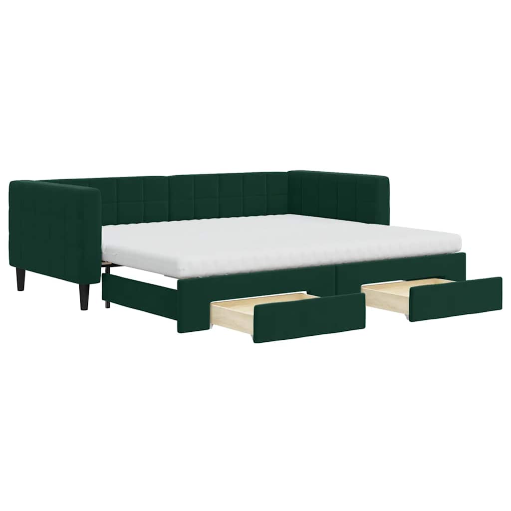 daybed med udtræk og skuffer 90x200 cm velour mørkegrøn