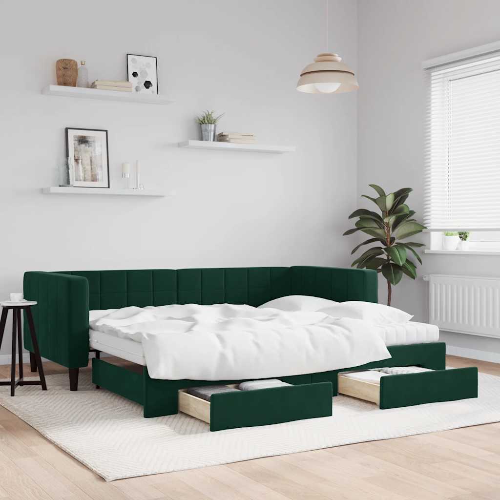 daybed med udtræk og skuffer 90x200 cm velour mørkegrøn
