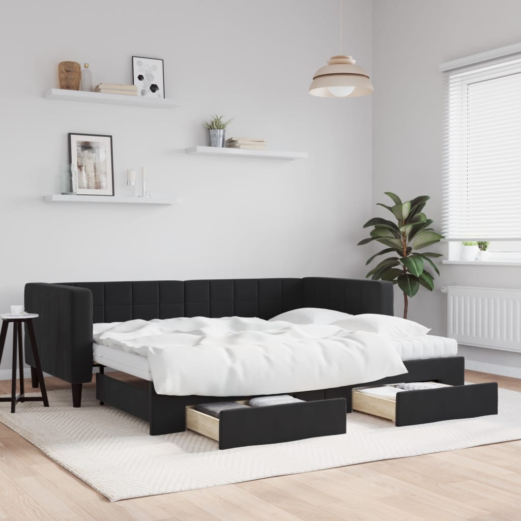 daybed med udtræk og skuffer 90x200 cm velour sort