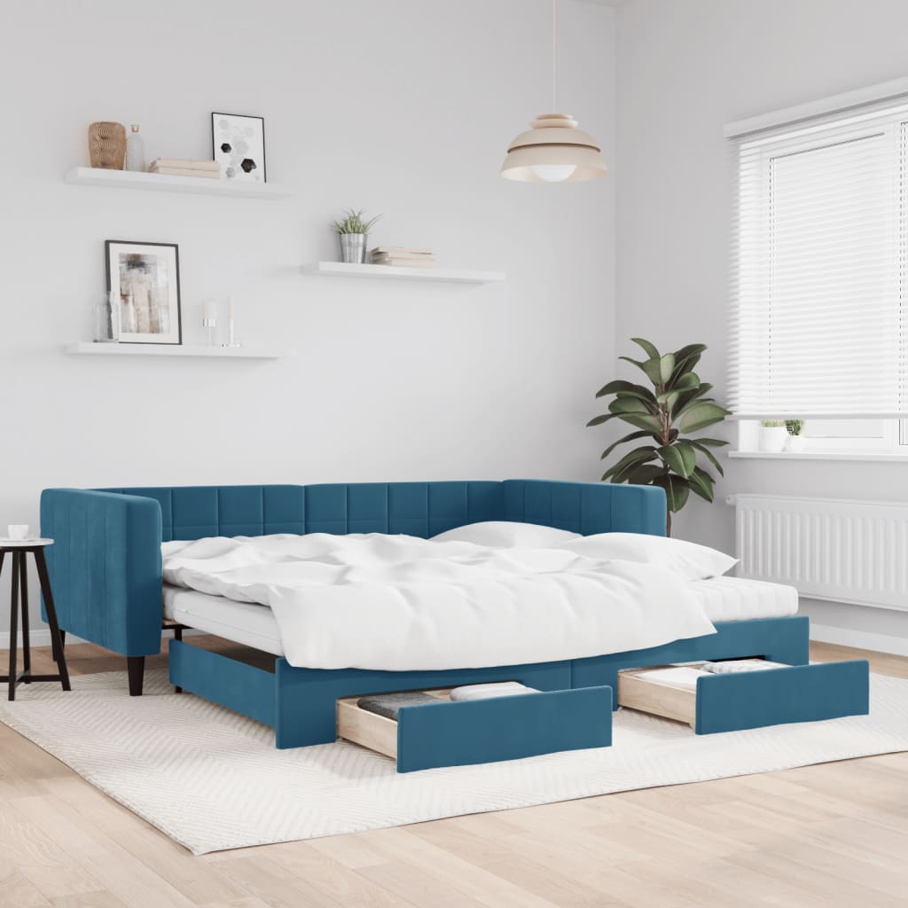 daybed med udtræk og skuffer 100x200 cm velour blå billede