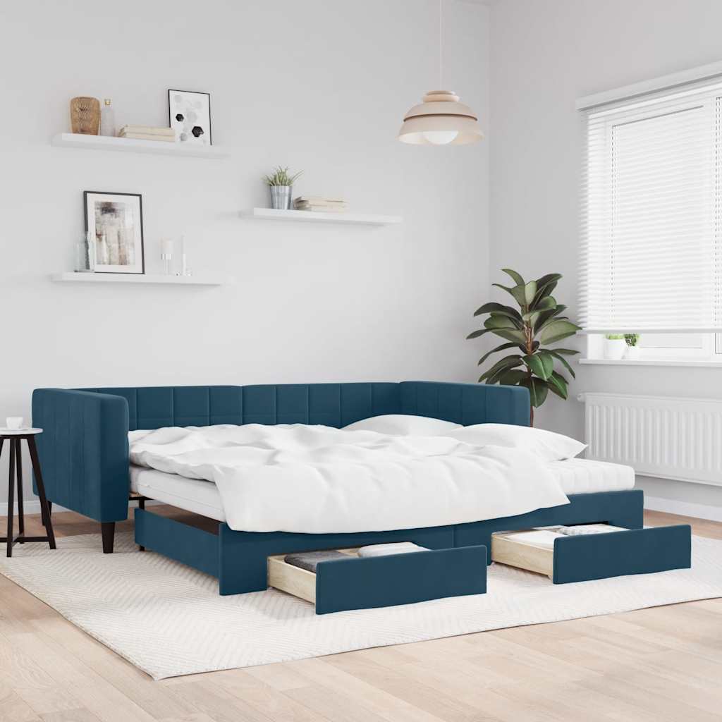 Daybed Velour Blå - med udtræk og skuffe og madras / 100 x 200 cm