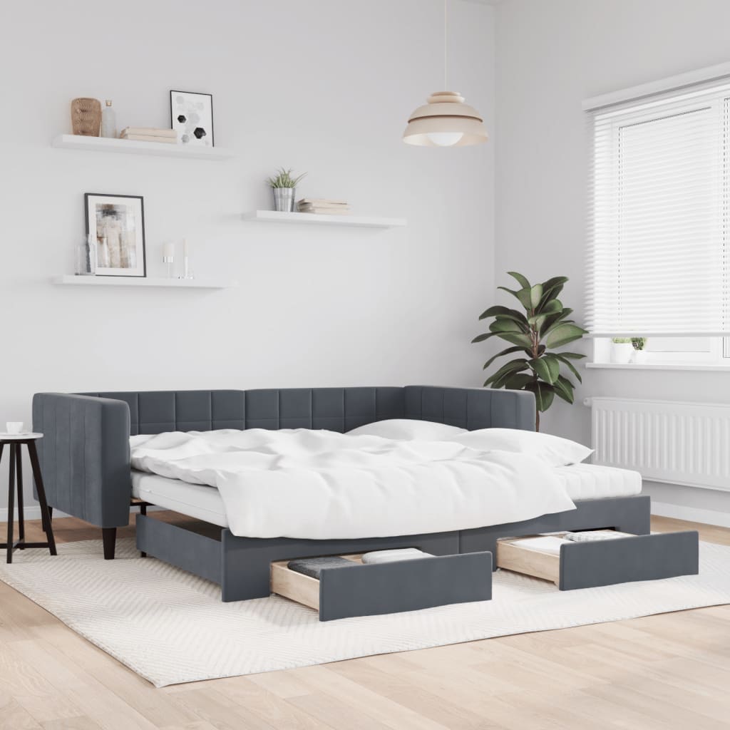 daybed med udtræk og skuffer 100x200 cm velour mørkegrå