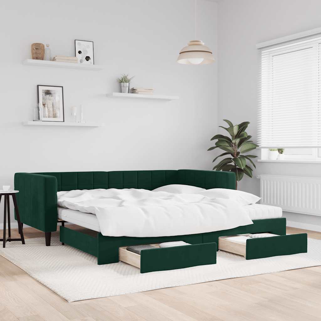 Daybed Velour Mørkegrøn - med udtræk og skuffe og madras / 100 x 200 cm