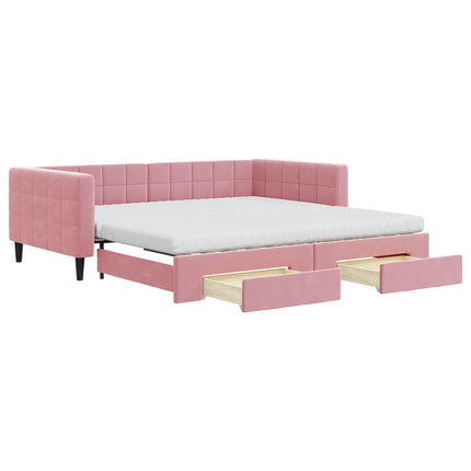 daybed med udtræk og skuffer 100x200 cm velour lyserød