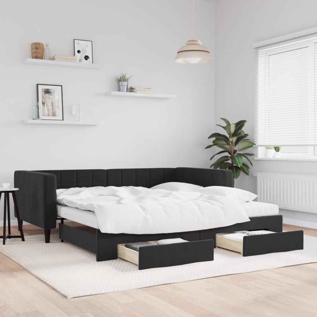 daybed med udtræk og skuffer 100x200 cm velour sort