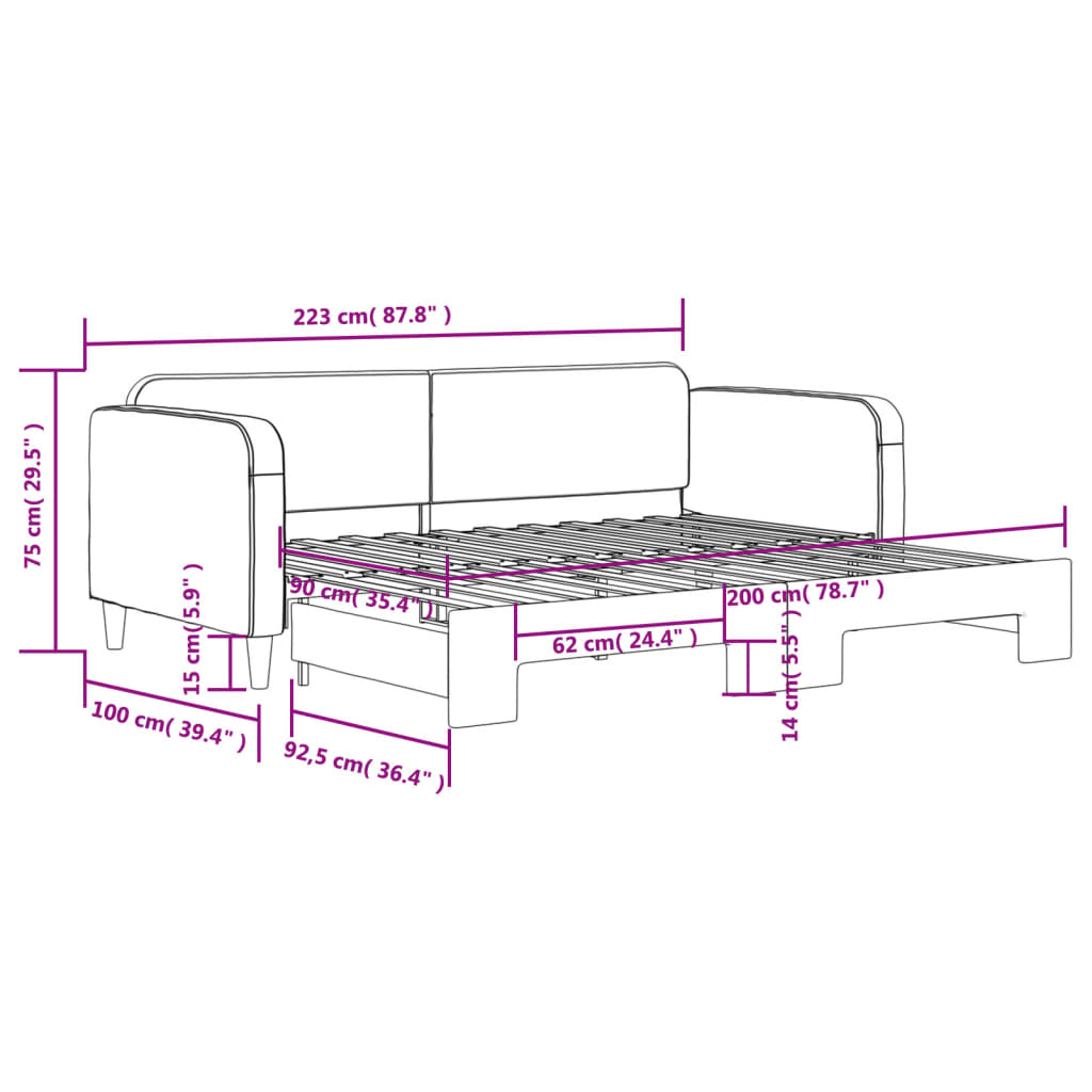 daybed med udtræk 90x200 cm stof lysegrå