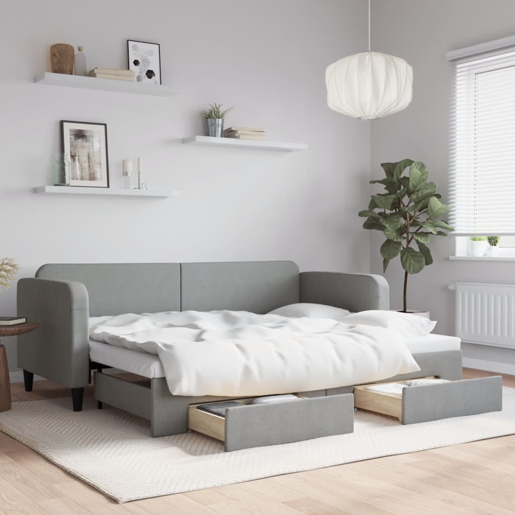 Daybed med udtræk og skuffer 80x200 cm - stof, lysegrå