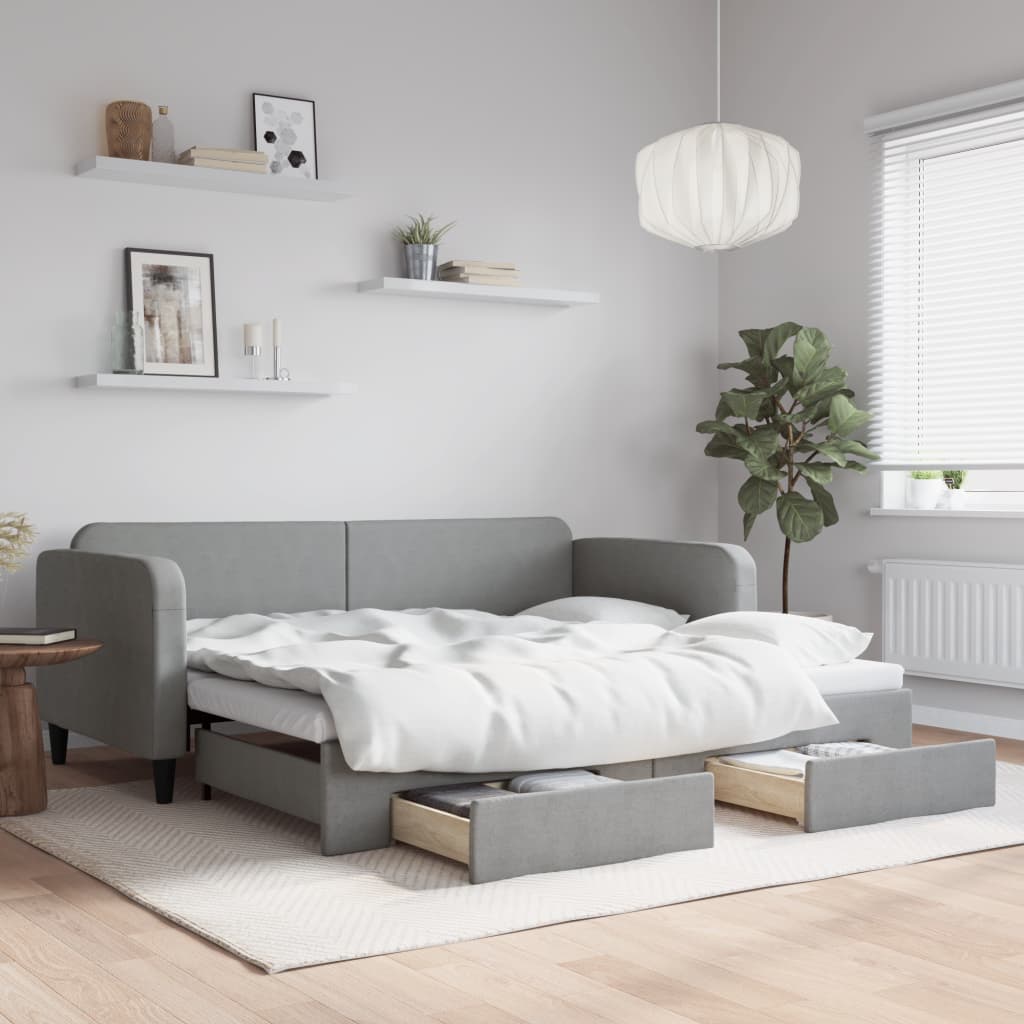 Daybed Stof Lysegrå - med udtræk og skuffe / 90 x 200 cm
