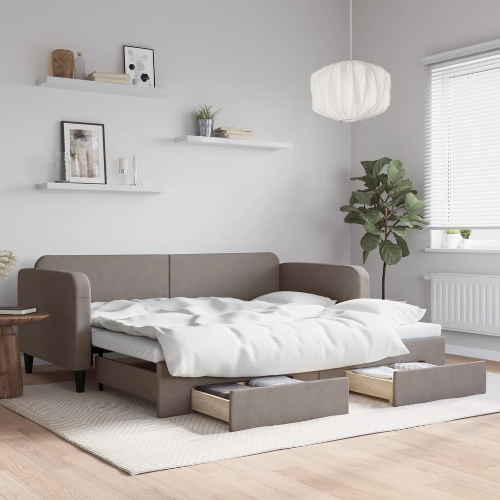 daybed med udtræk og skuffer 90x200 cm stof gråbrun