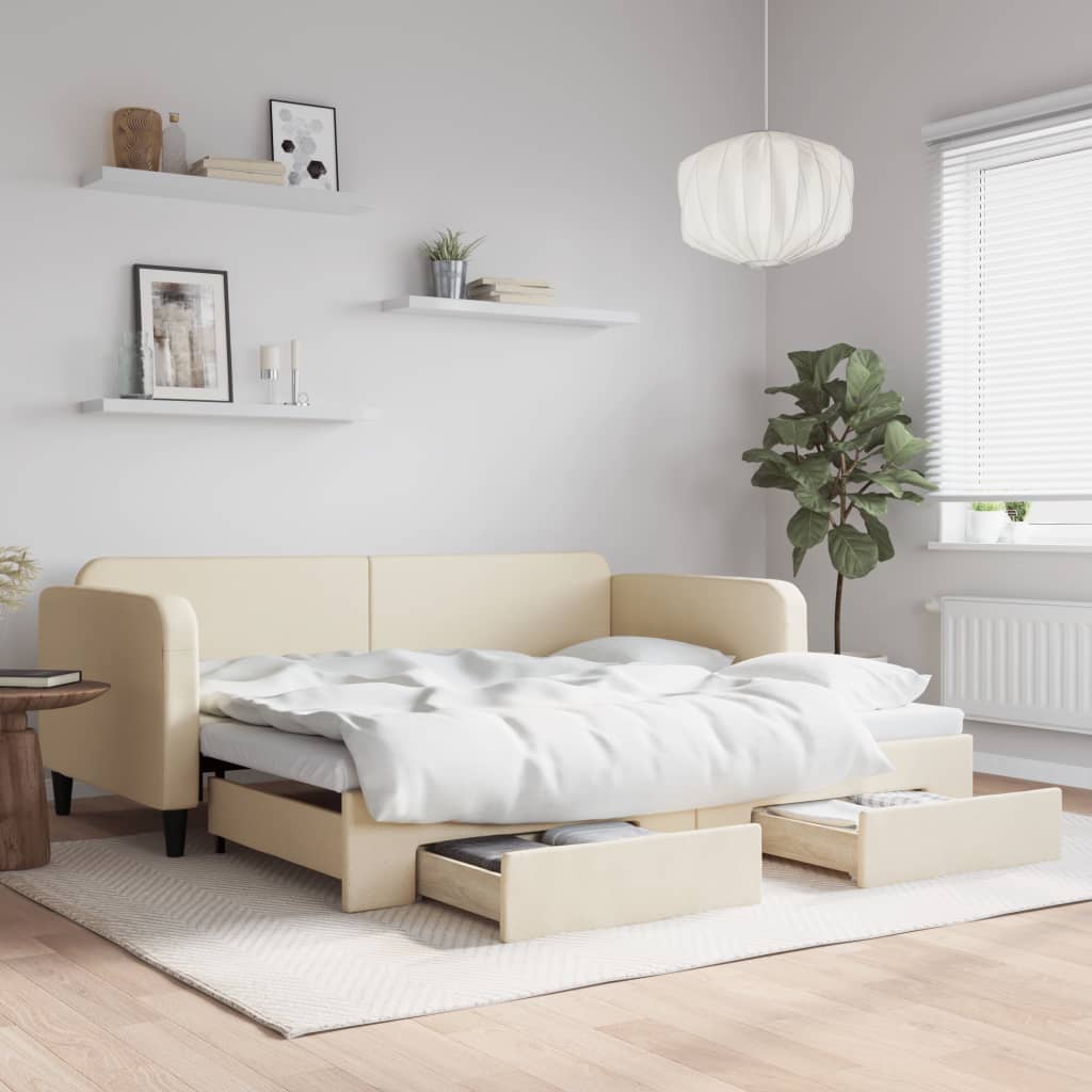 Daybed Stof Farvet Creme - med udtræk og skuffe / 90 x 200 cm