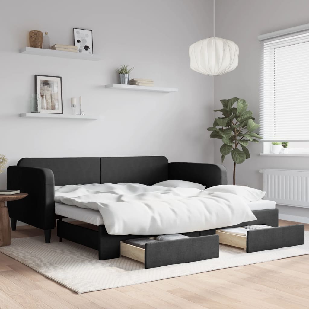 Daybed med udtræk og skuffer 100×200 cm - stof, sort