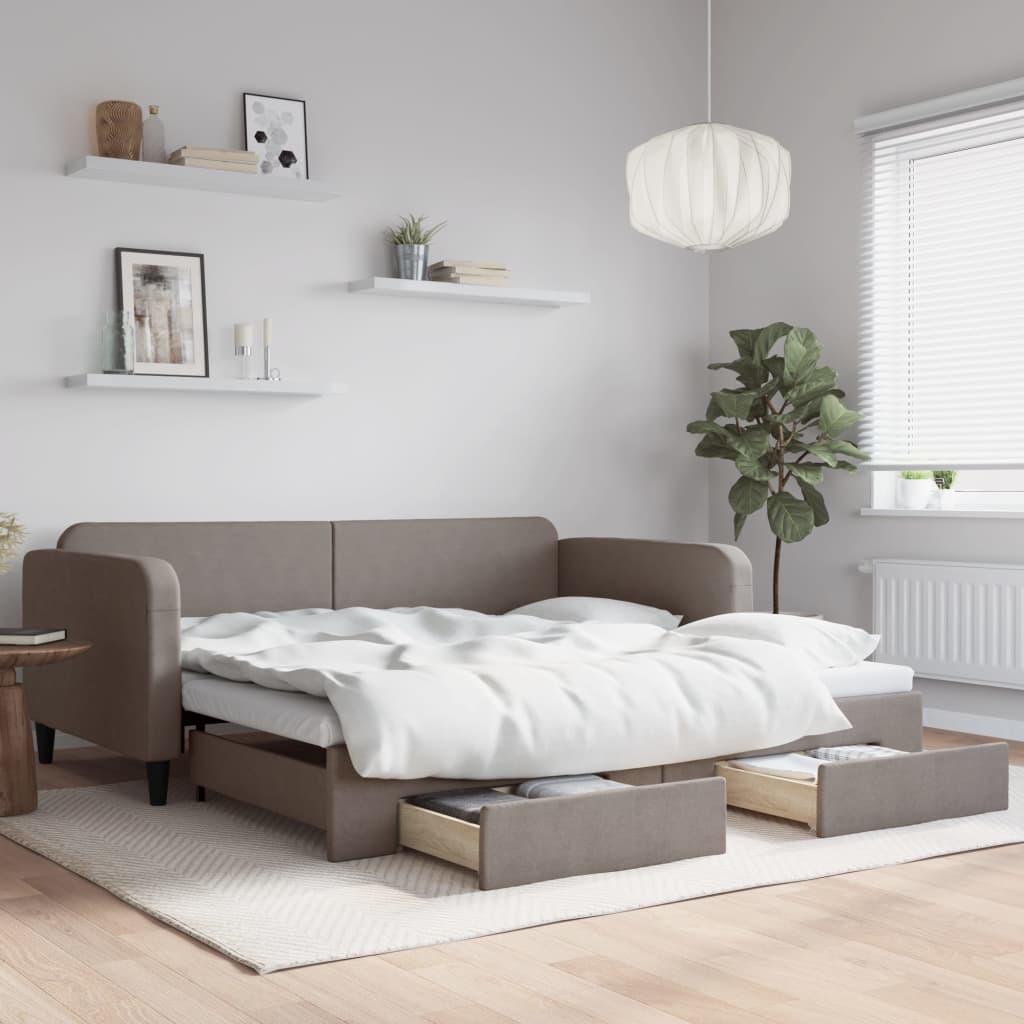 daybed med udtræk og skuffer 100x200 cm stof gråbrun
